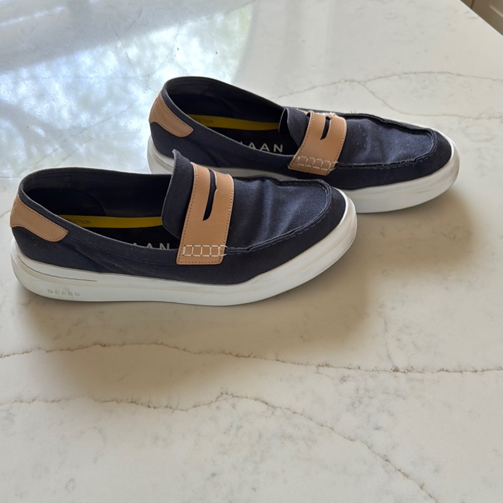Cole Haan Navy and Tan Slip-On Sneakers